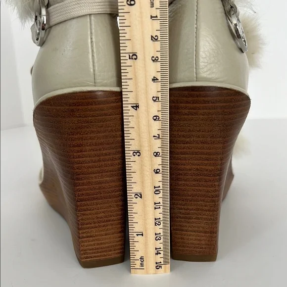 Michael Kors Cream Wedge Leather Ankle Boots with Fur Trim Size 7 1/2 - Picture 10 of 11